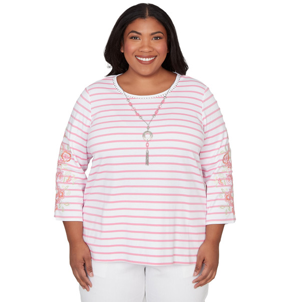 Plus Women's Stripe Embroidered Sleeve Top With Necklace