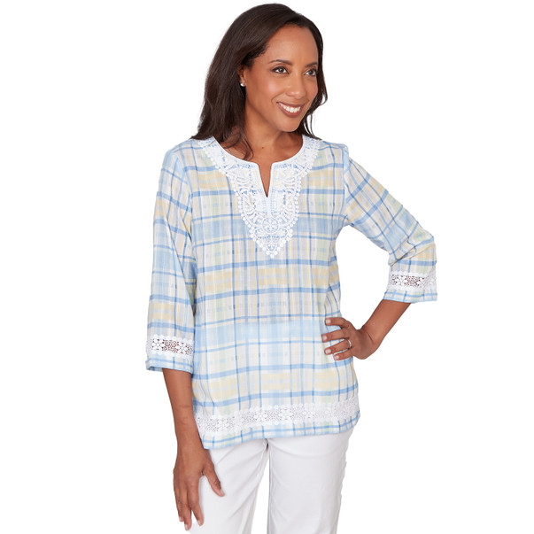 Women's Plaid Embellished Lace Top