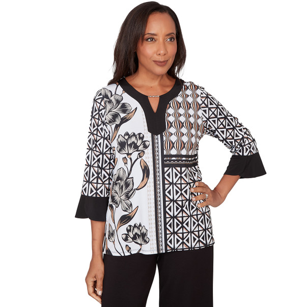 Petite Women's Floral Geo Patchwork Split Neck Top