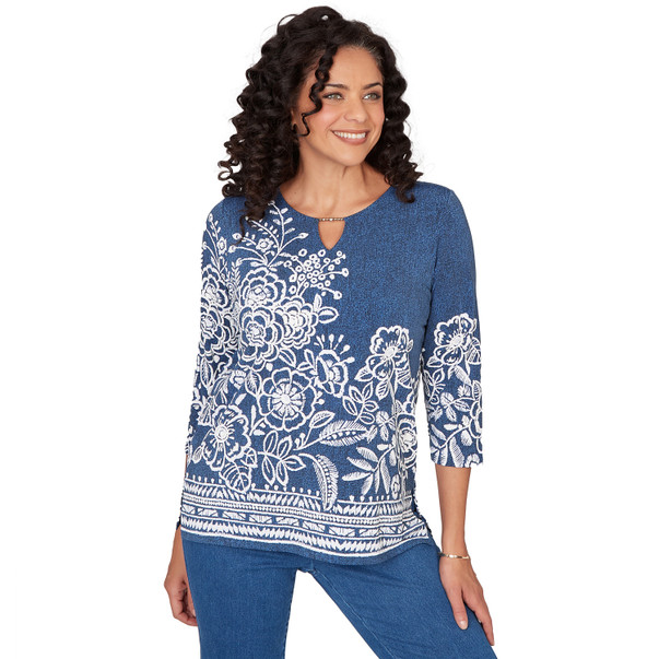 Women's Floral Border Embroidered Split Neck Top