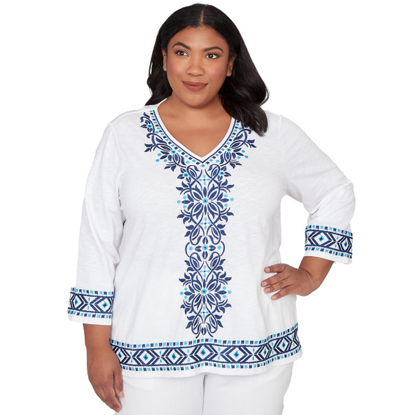 Plus Women's Scroll Embroidered V Neck Top