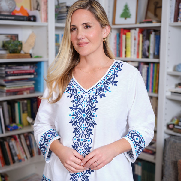 Women's Scroll Embroidered V Neck Top