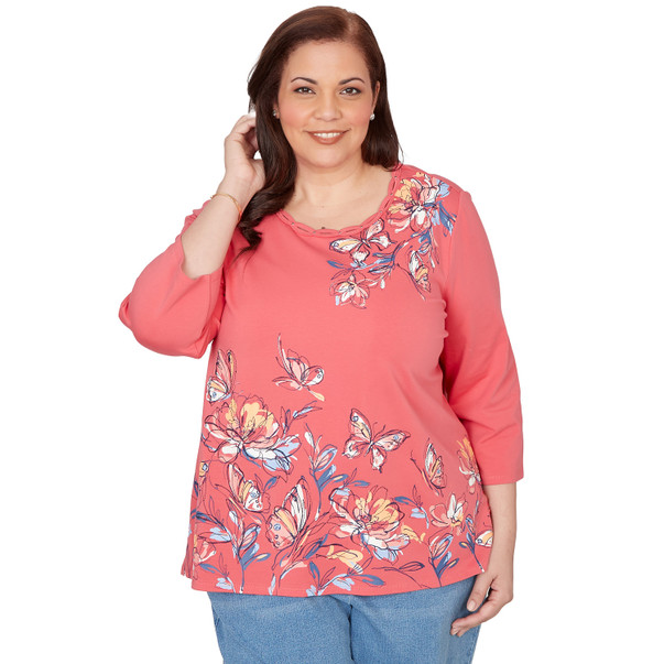 Plus Women's Asymmetric Etched Floral Knit Top