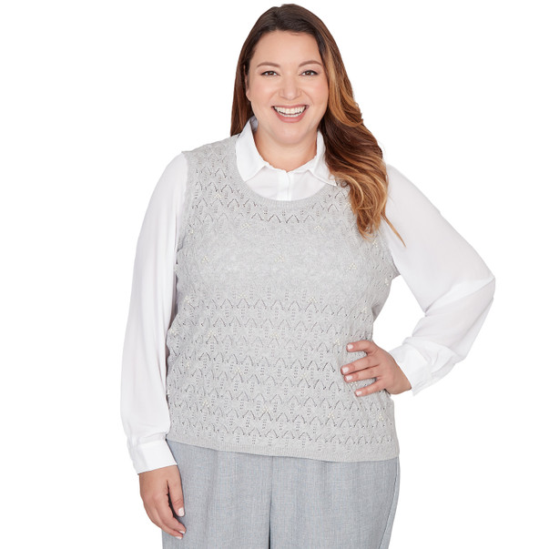 Plus Women's Pointelle Pearl Lace Two In One Sweater