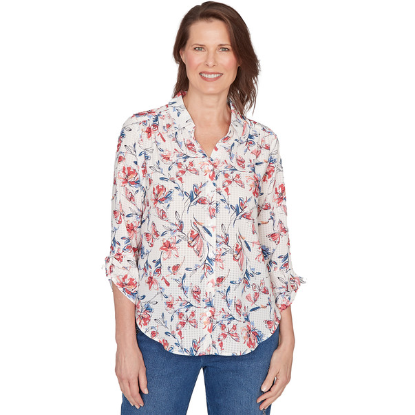 Women's Etched Floral Butterfly Button Down Top