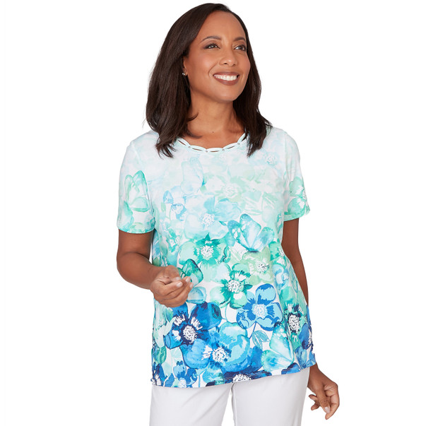 Women's Floral Ombre Embellished Neck Tee