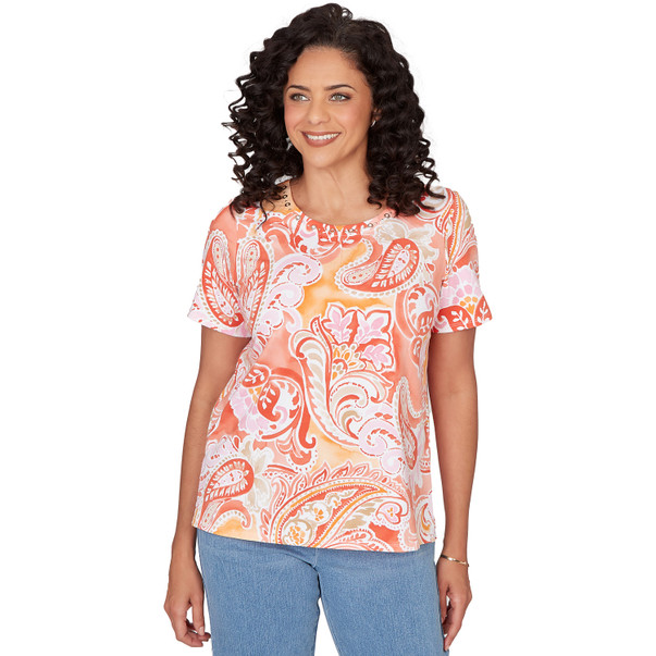 Women's Paisley Beaded Neck Pleated Tee