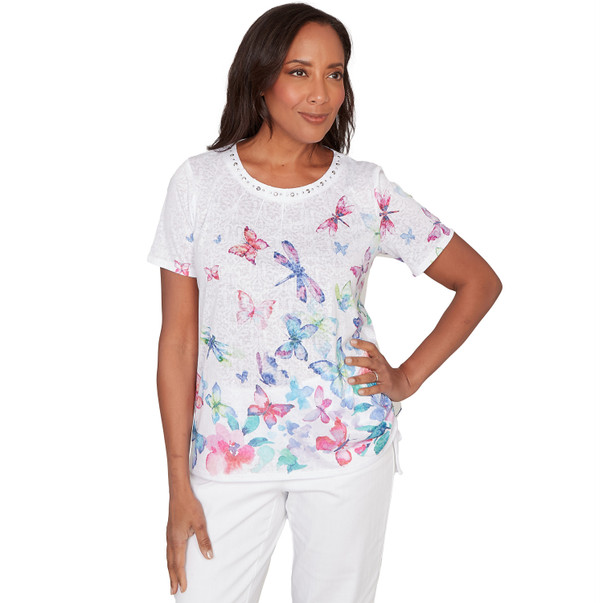 Women's Butterfly Beaded Side Tie Ruched Tee