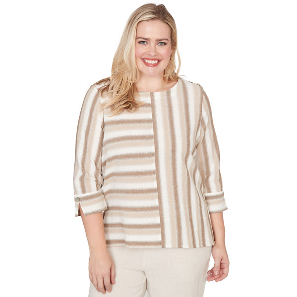 Petite Women's Spliced Stripe Three Quarter Sleeve Top