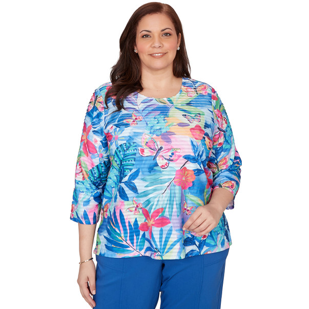 Plus Women's Tropical Butterfly Ruffle Textured Top