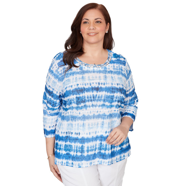 Plus Women's Tie Dye Biadere Knotted Crew Neck Top