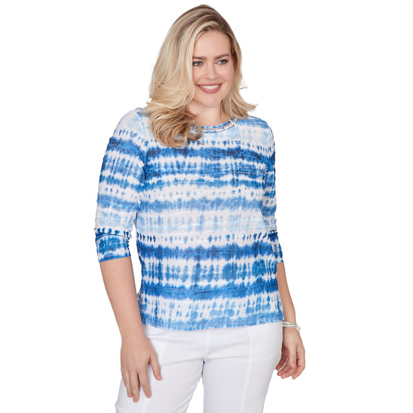 Petite Women's Tie Dye Biadere Knotted Crew Neck Top