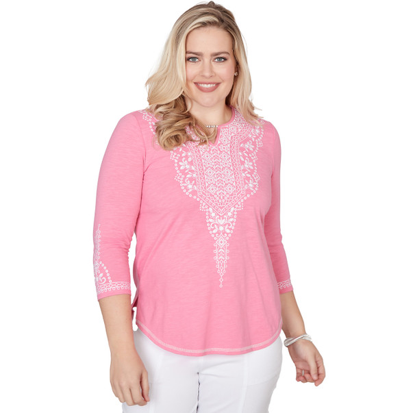 Women's Embroidered Split Neck Three Quarter Sleeve Top