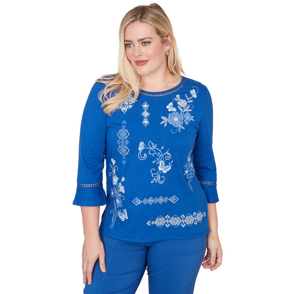 Petite Women's Placed Floral Medallion Embroidered Top