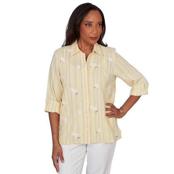 Women's Embroidered Daisy Stripes Button Front Top