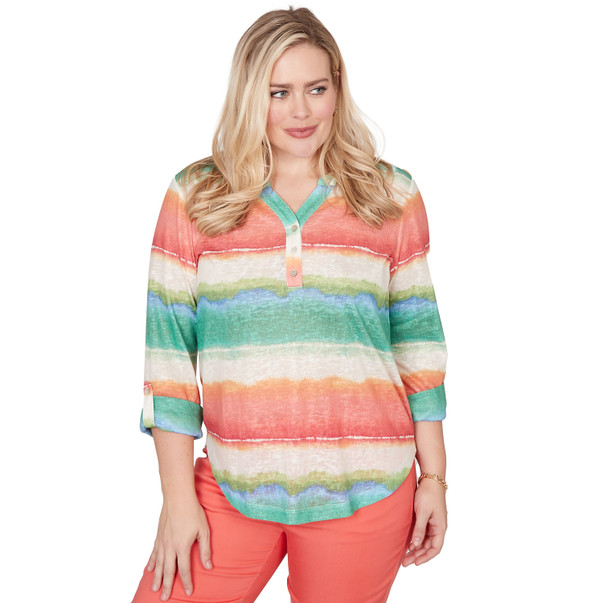 Women's Biadere Tie Dye Stripe Henley Top