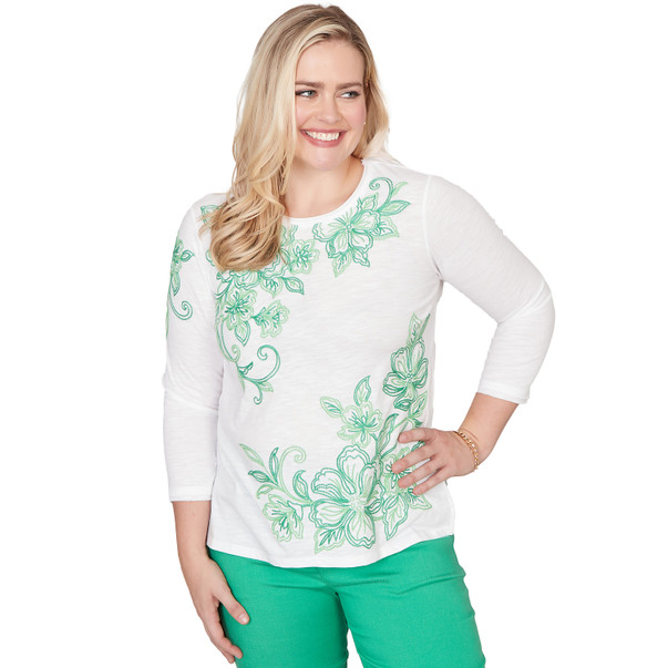 Petite Women's Tropical Flower Embroidered Top