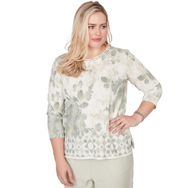 Petite Women's Floral Tonal Border Embellished Neck Top