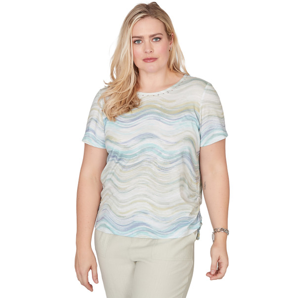 Women's Wavy Biadere Side Tie Ruched Tee