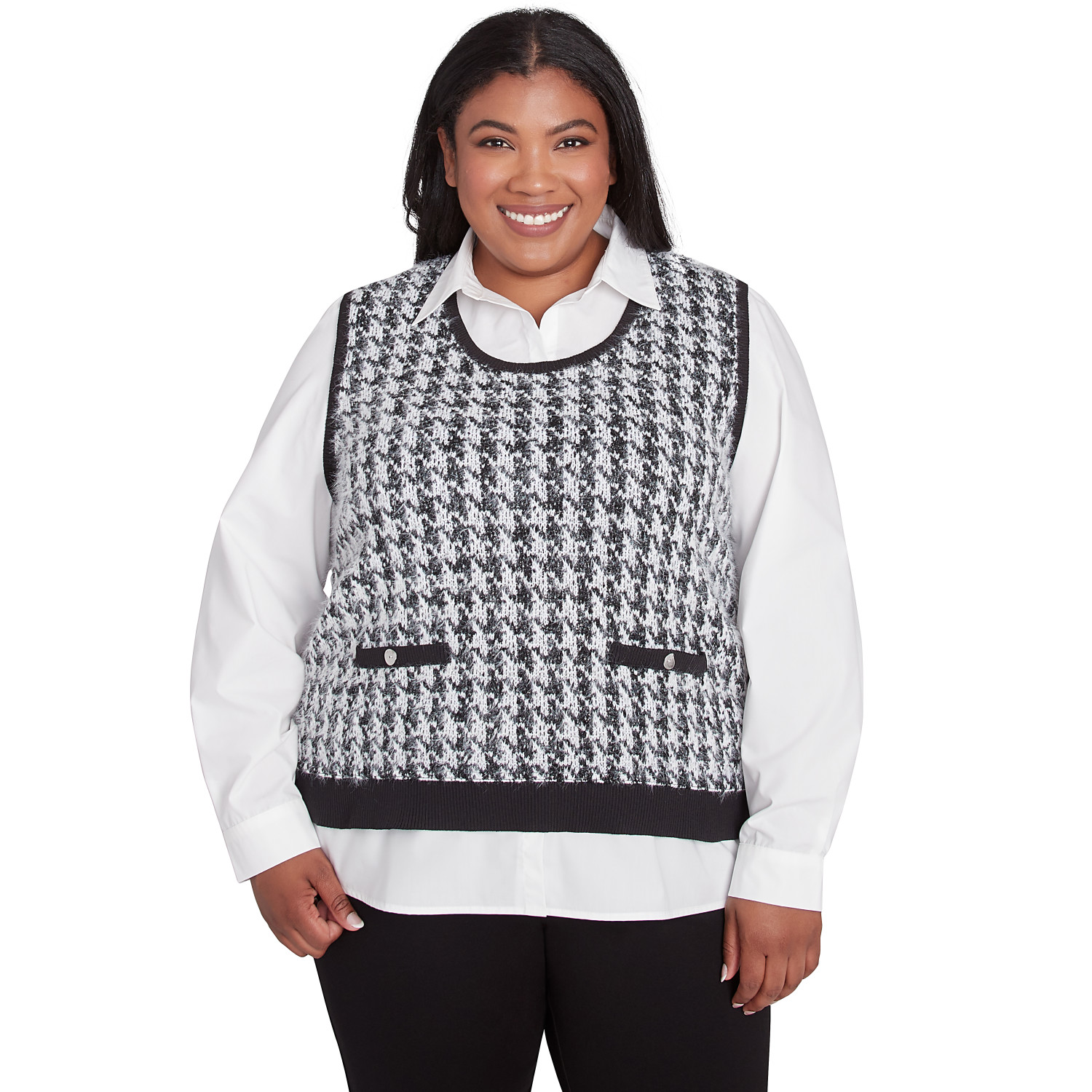 Plus Women's Collared Houndstooth Vest Two In One Sweater