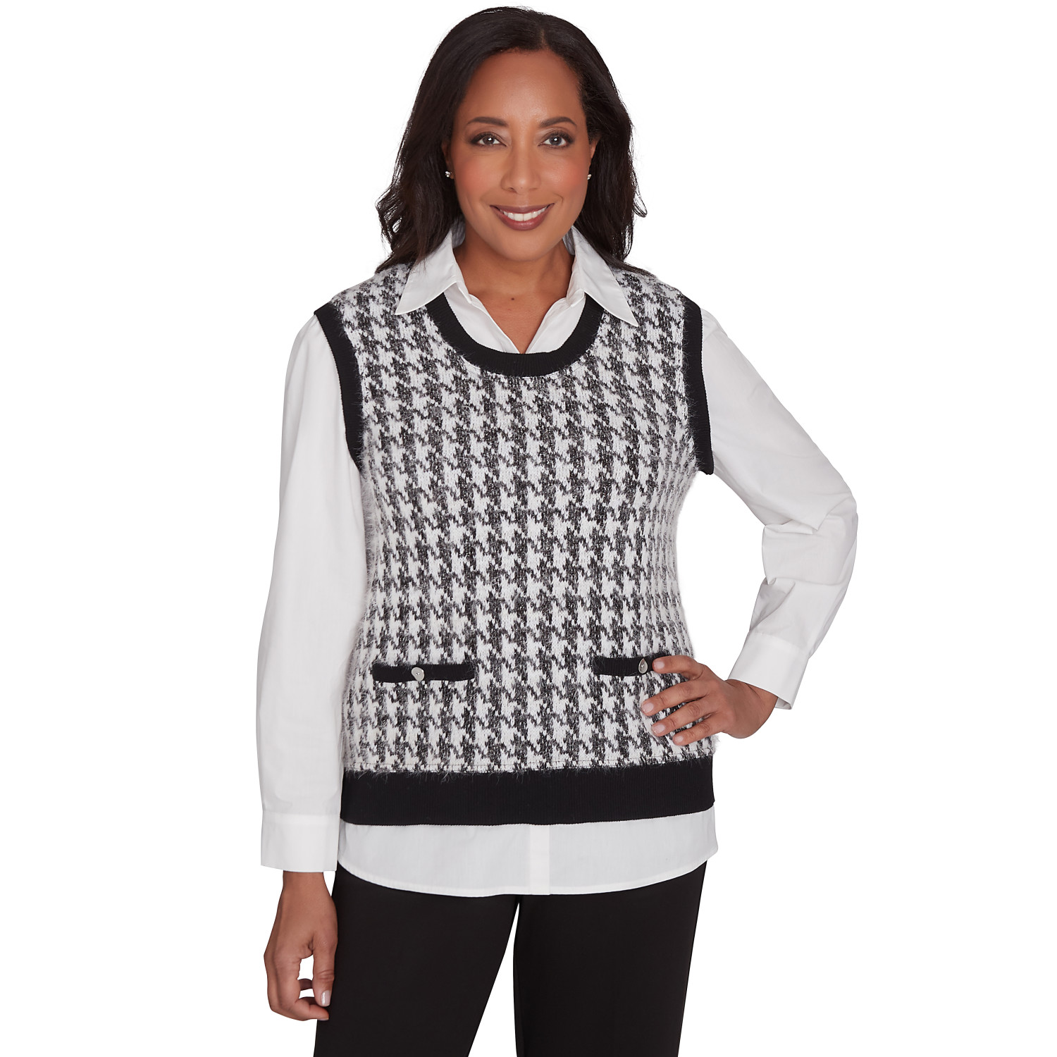 Women's Collared Houndstooth Vest Two In One Sweater