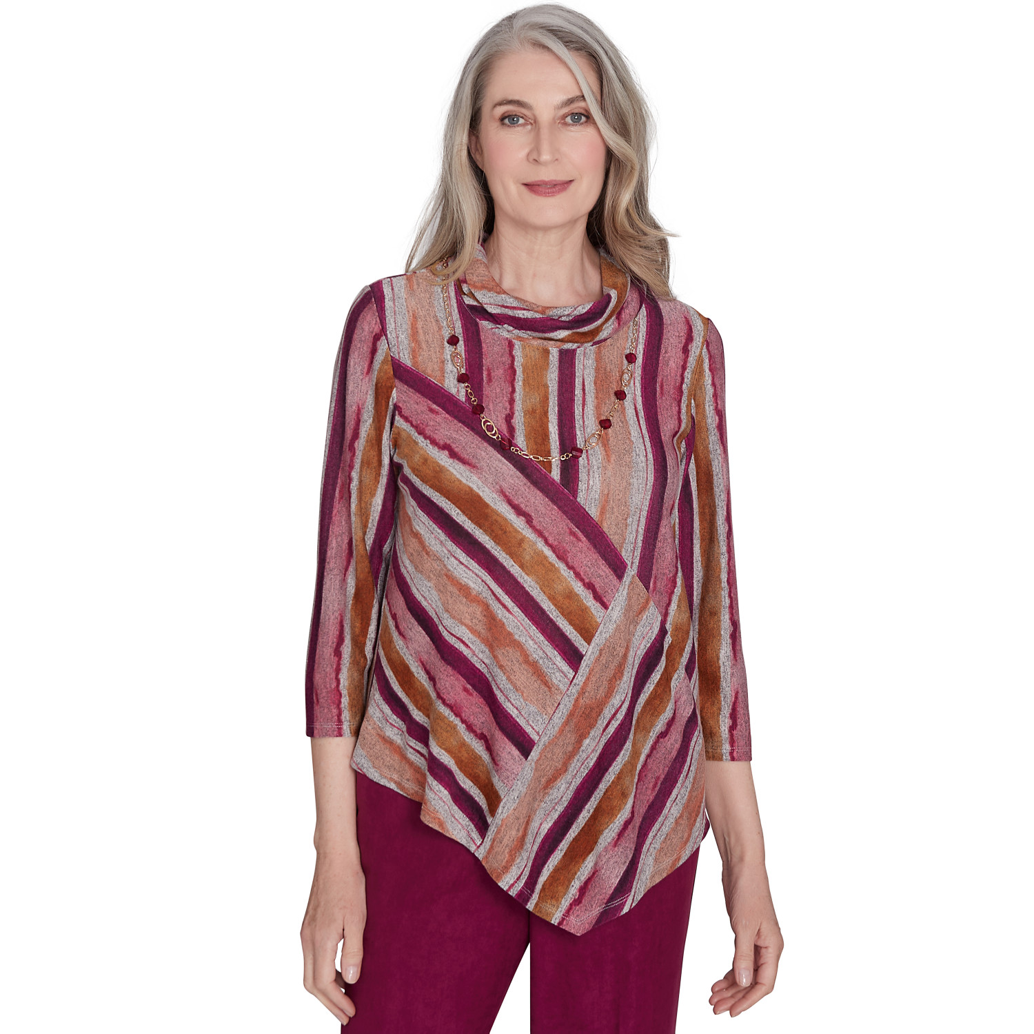 Women's Spliced Stripe Cowl Neck Top with Necklace