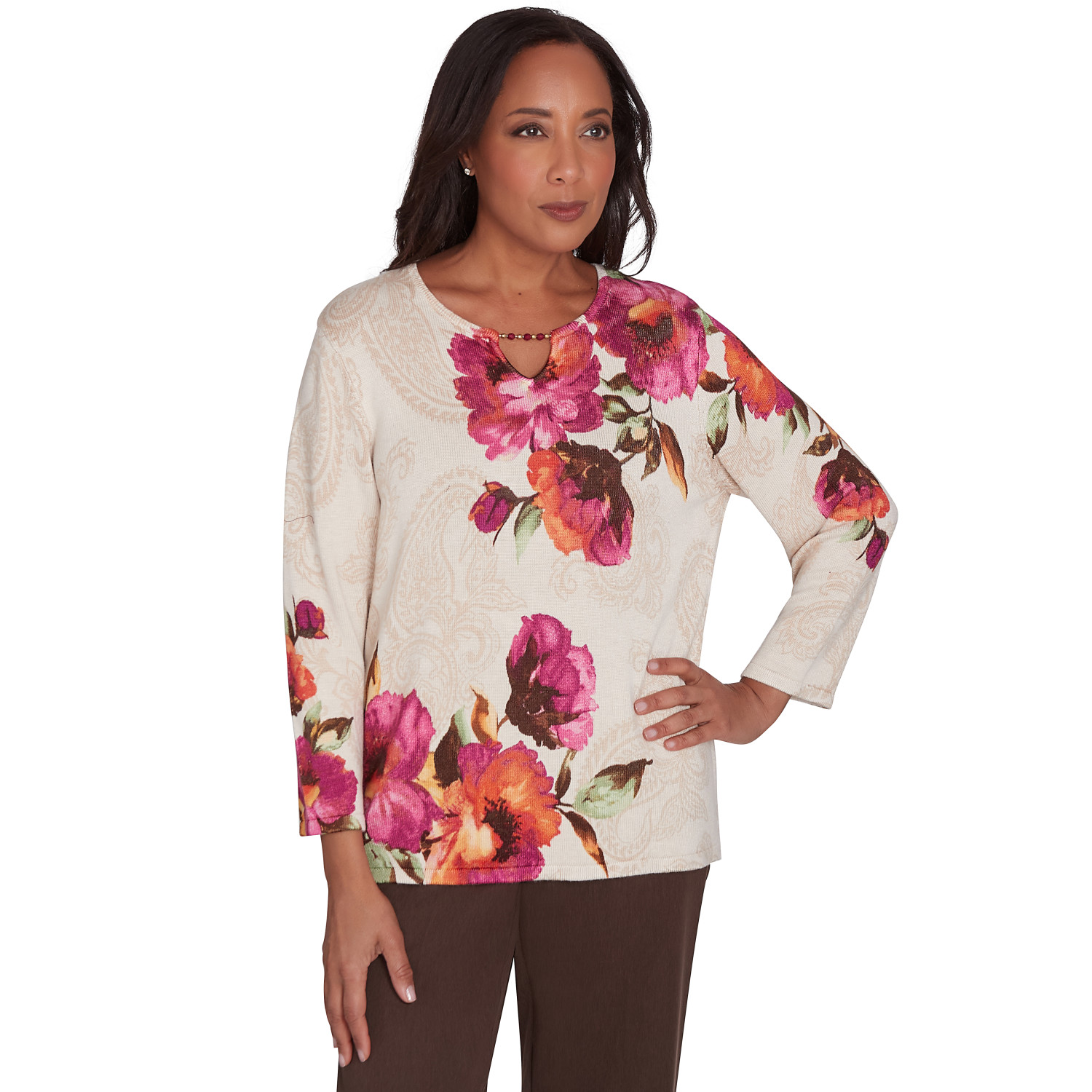 Women's Watercolor Floral Beaded Split Neck Sweater