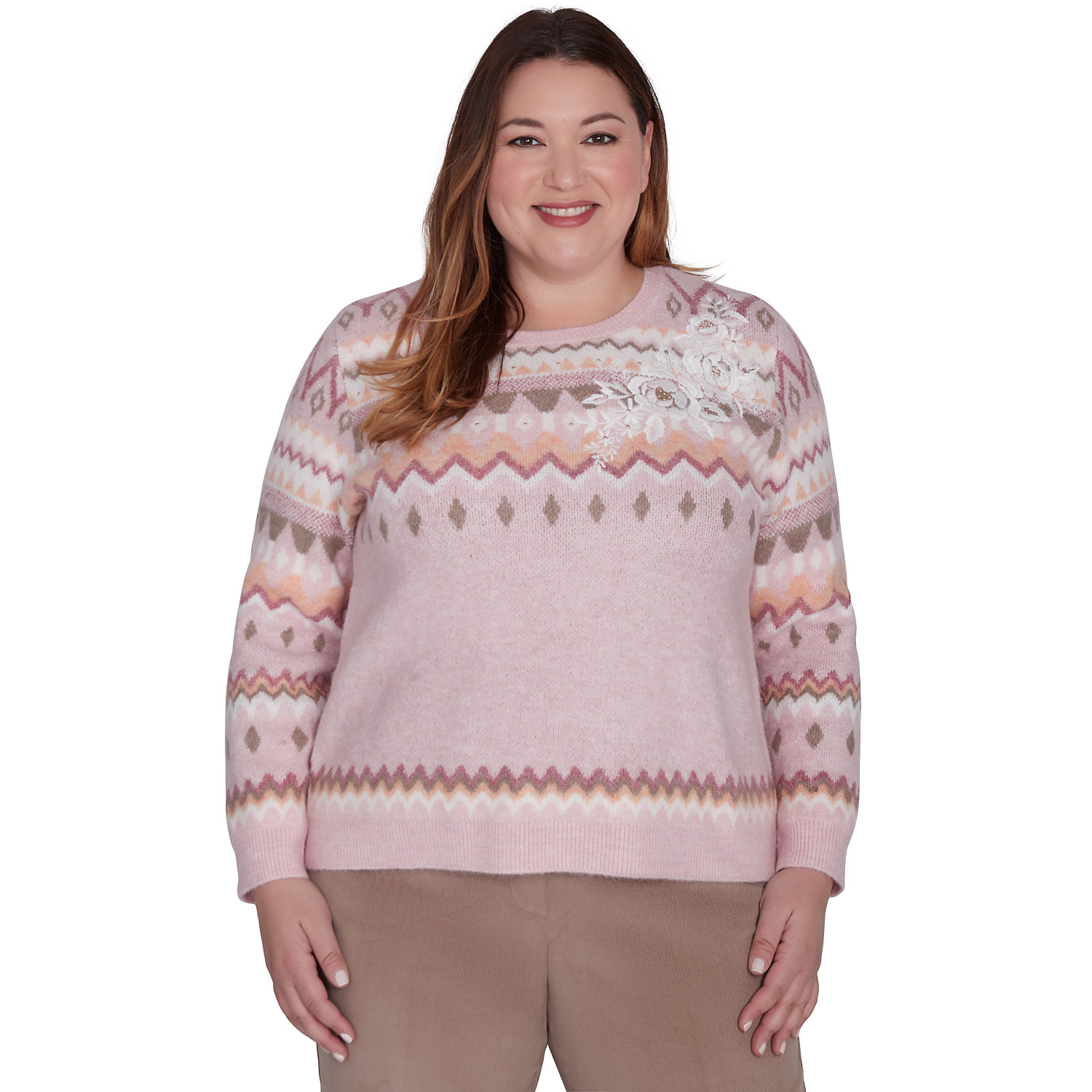 Plus Women's Floral Embroidered Fairisle Sweater
