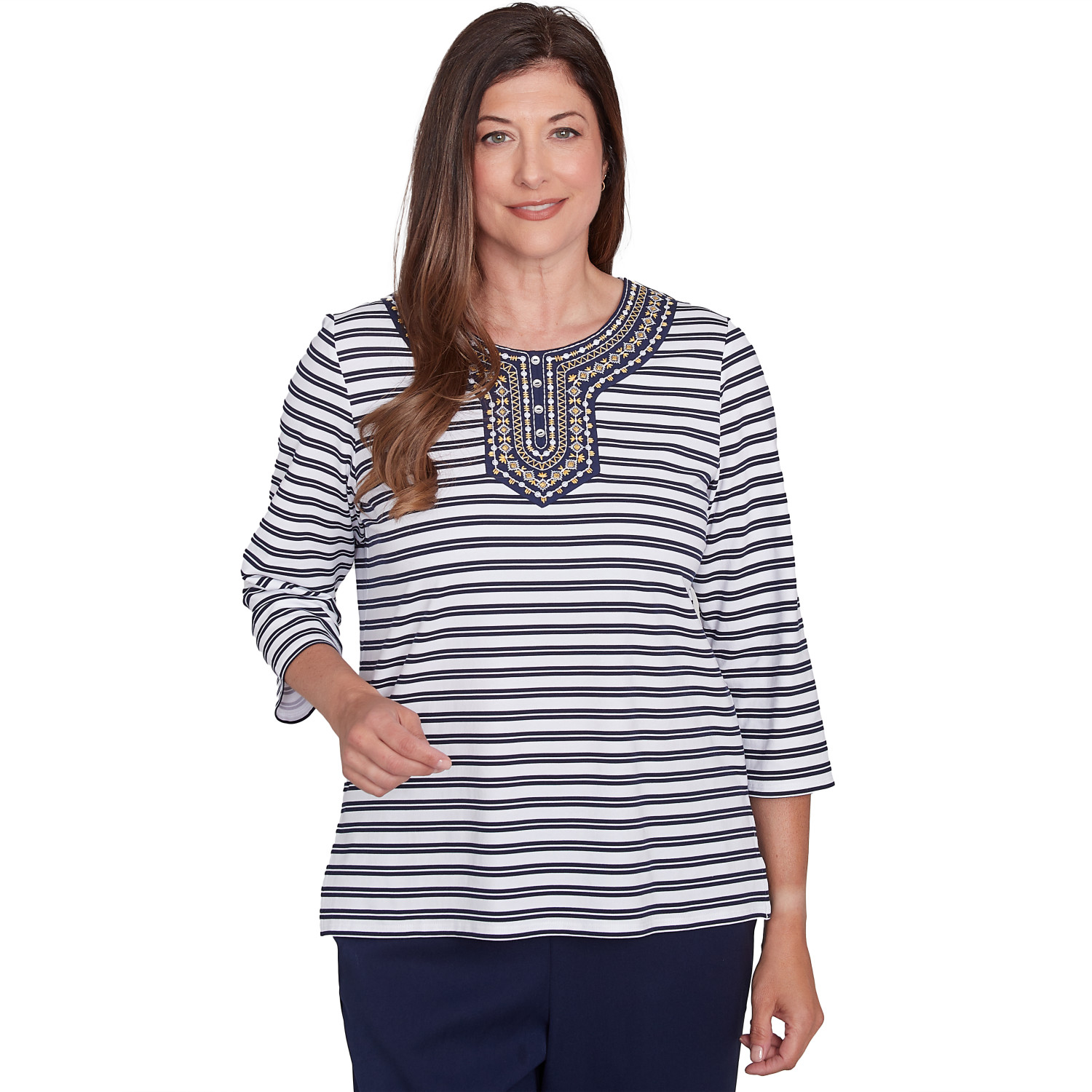 Women's Striped Top With Embroidered Neckline