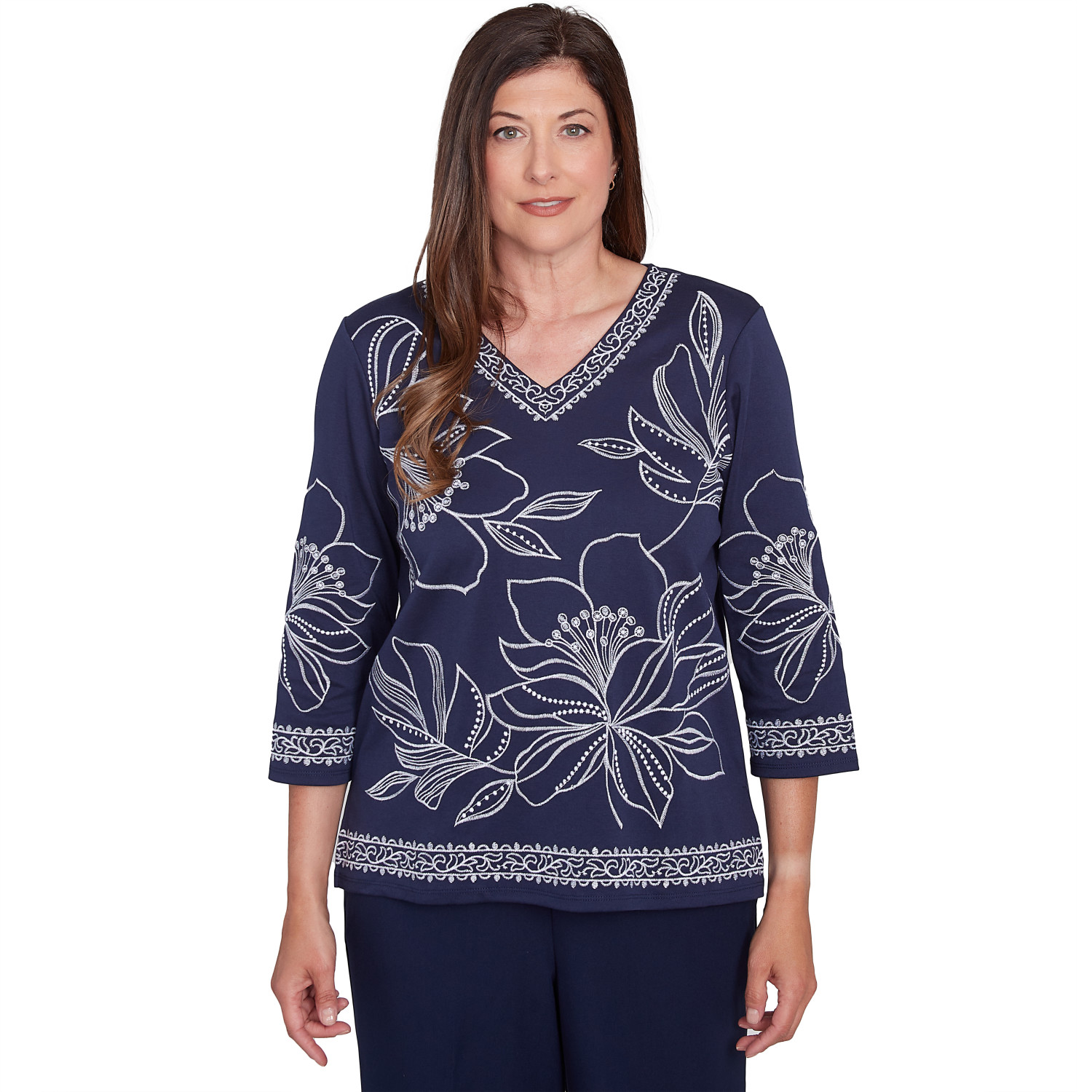 Petite Women's Dynamic Floral Embroidered V Neck Top
