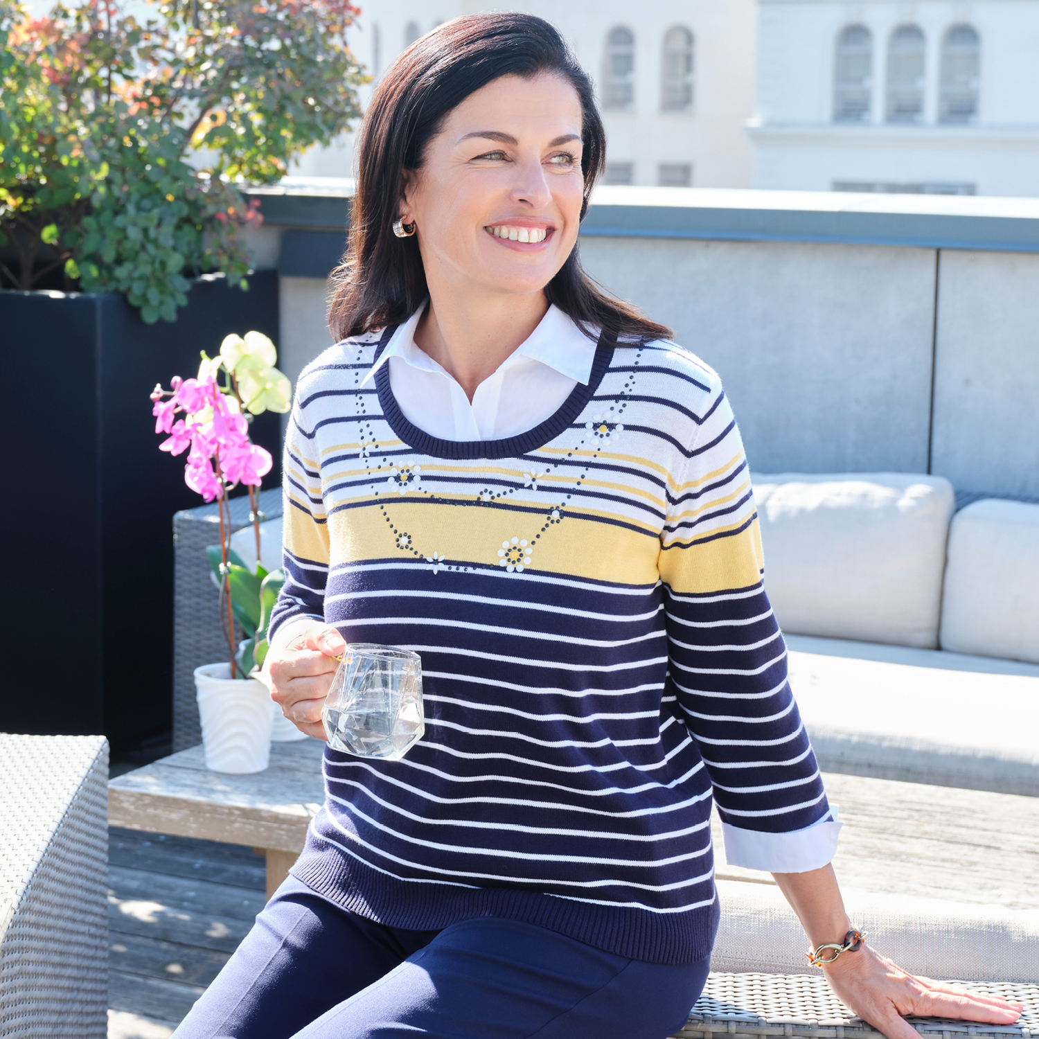 Petite Women's Striped Two In One Collared Sweater With Necklace