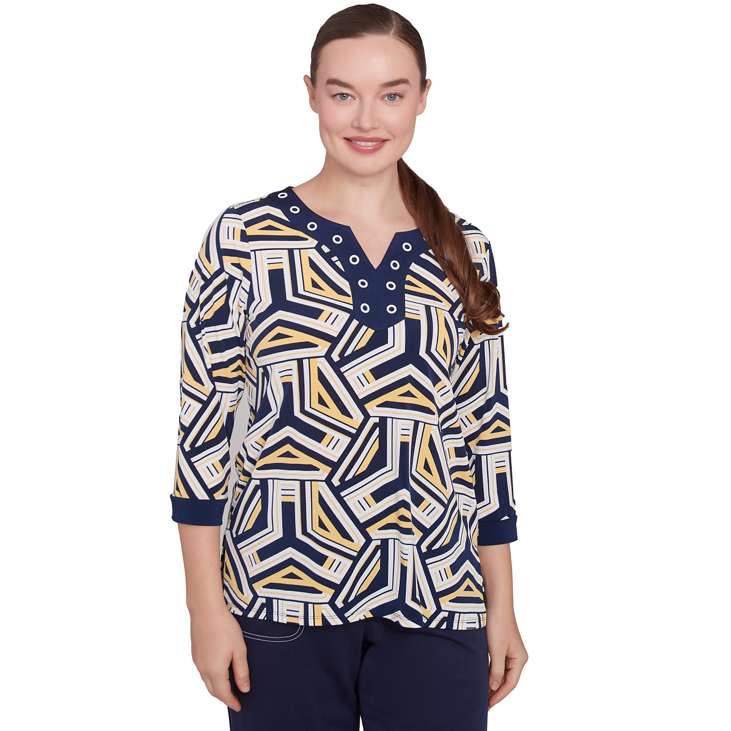 Petite Women's Geometric Grommet Trim Top