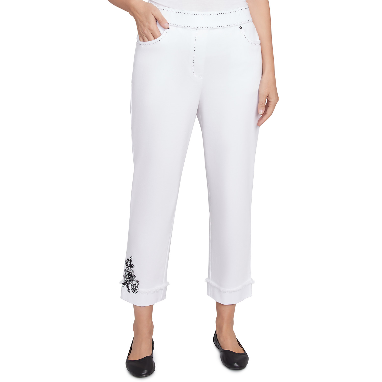 Women's Floral Embroidered Denim Cuffed Ankle Pant