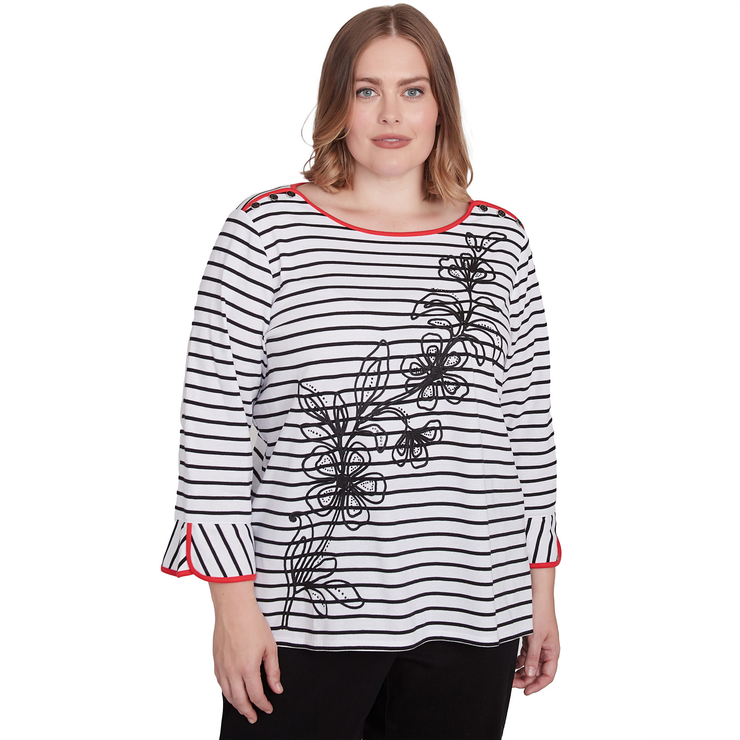 Plus Women's Striped Floral Flared Sleeve Top