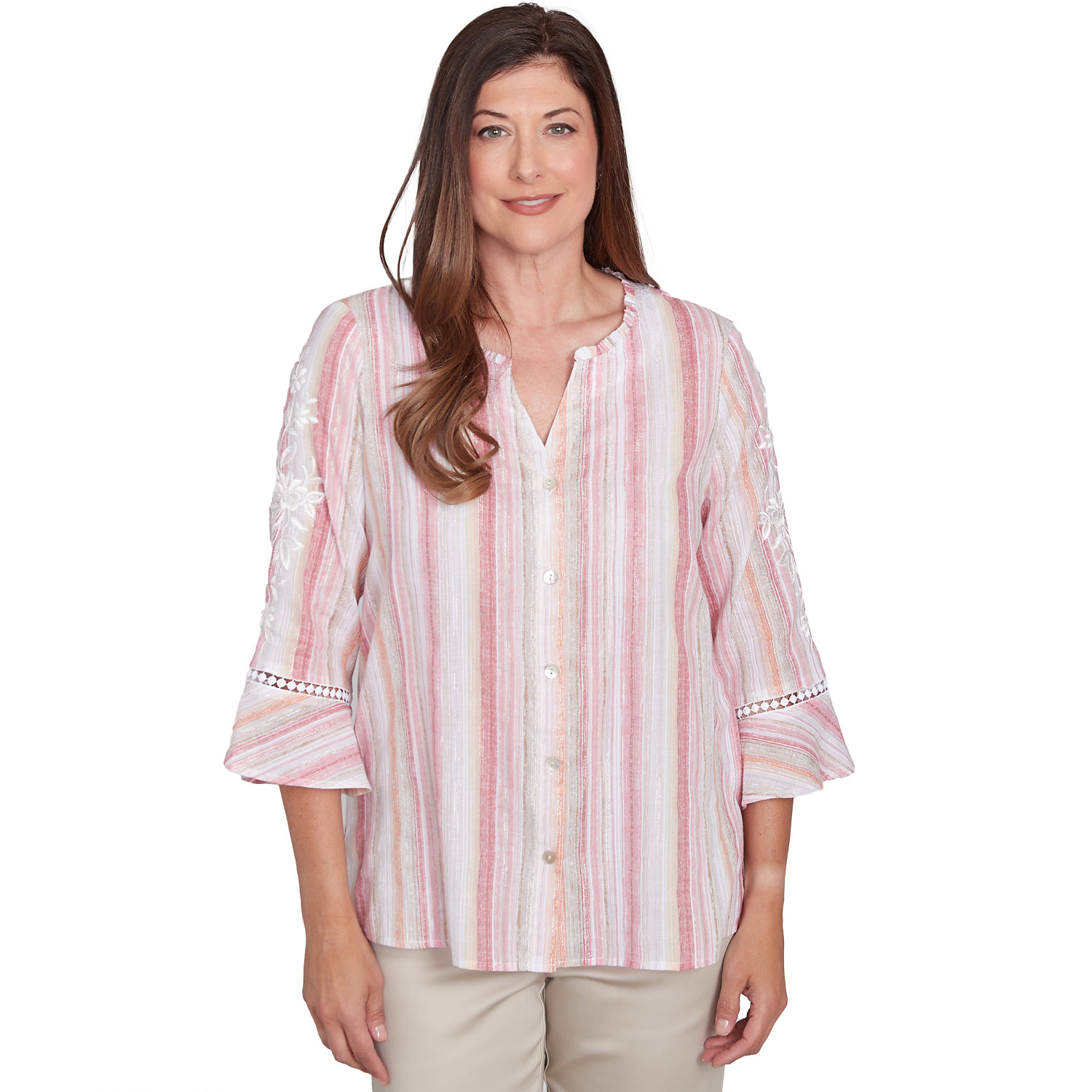 Women's Striped Button Down Embroidered Sleeve Top