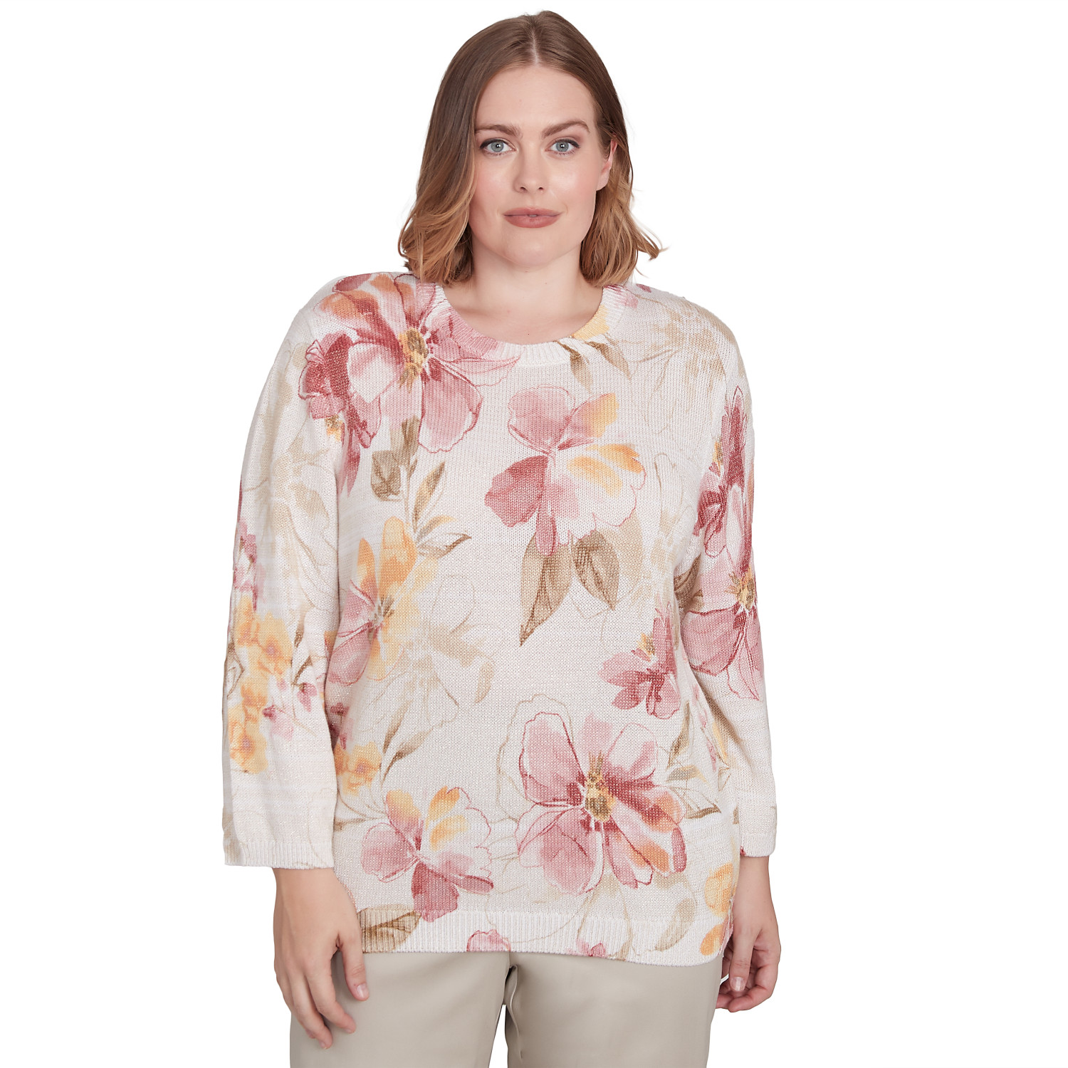 Plus Women's Crew Neck Floral Long Sleeve Sweater