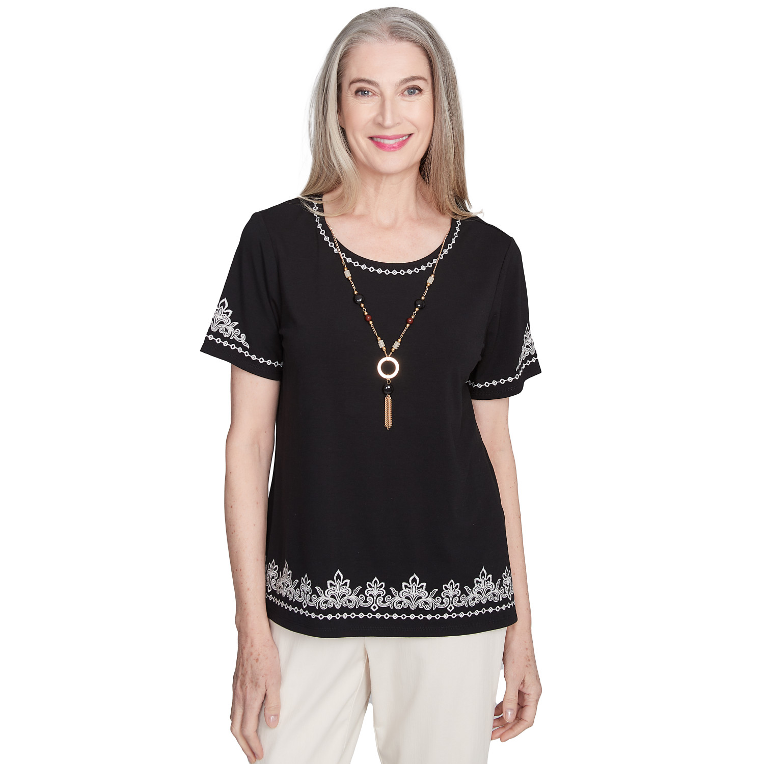 Women's Embroidered Border Tee With Necklace