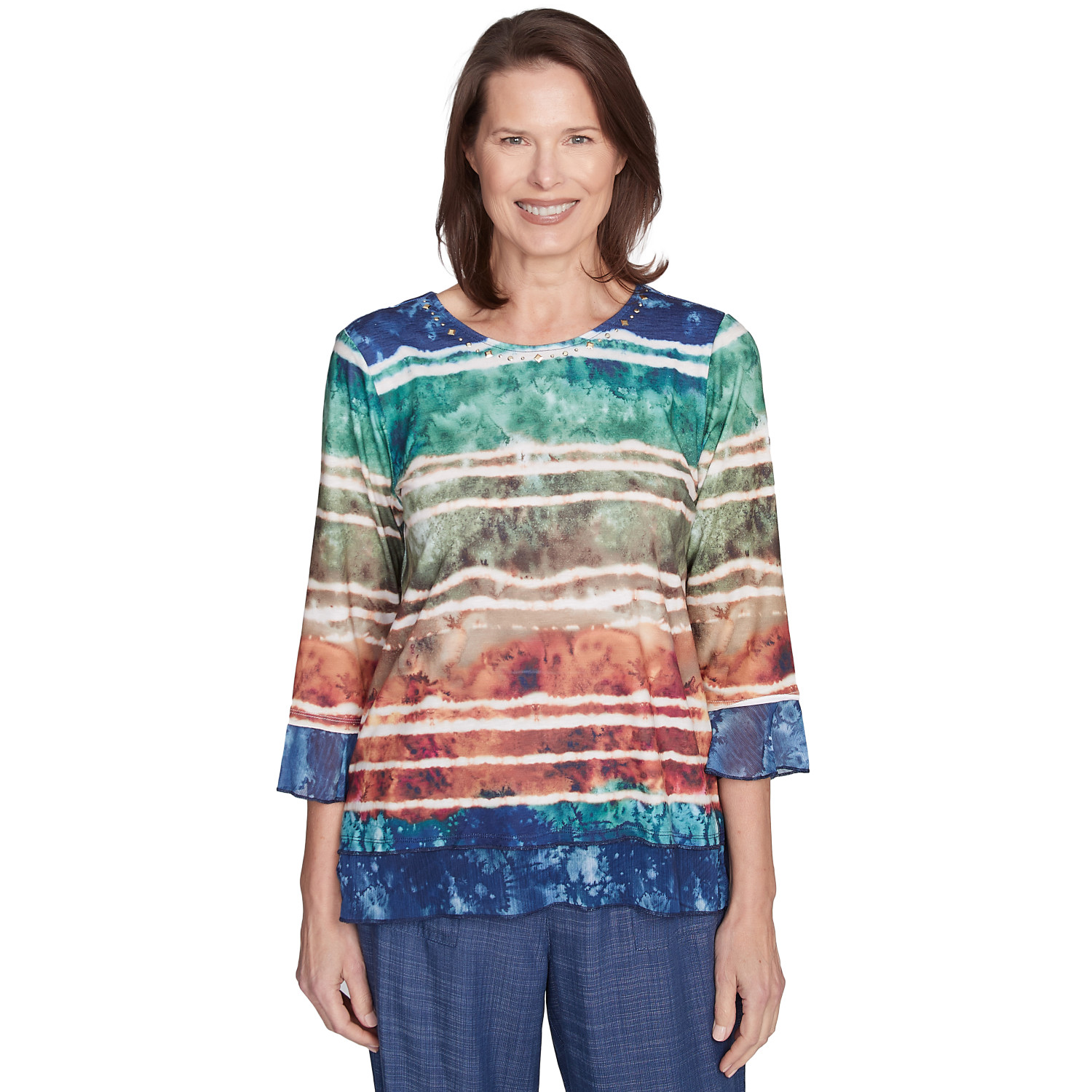 Women's Tie Dye Striped Biadere Crewneck Top