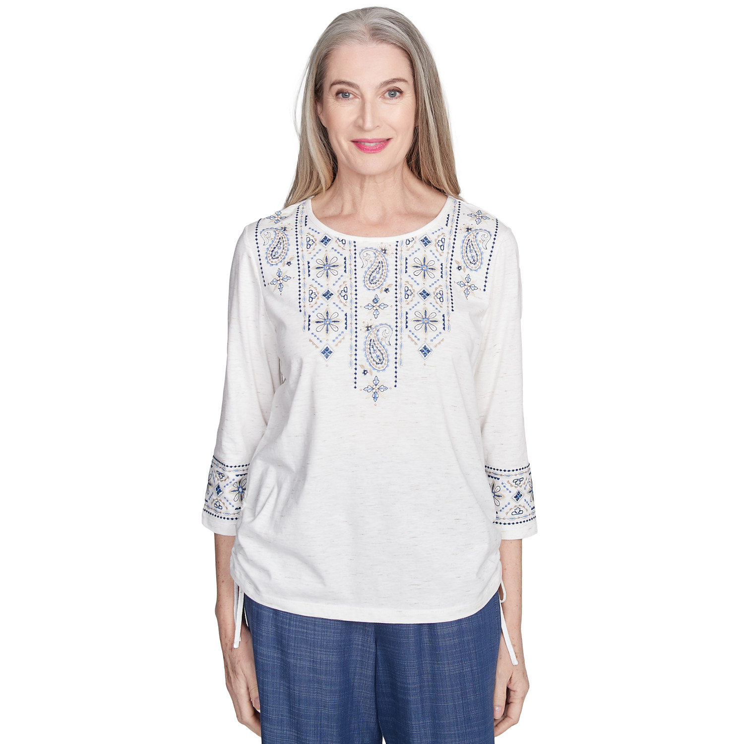 Women's Linear Embroidered Tie Sleeve Top