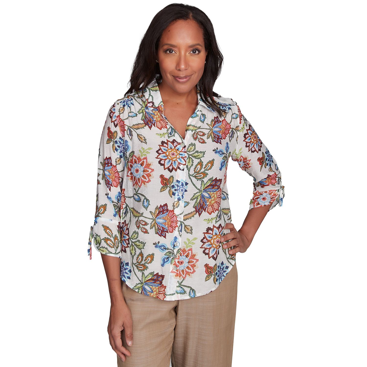 Women's Batik Floral Button Front Top