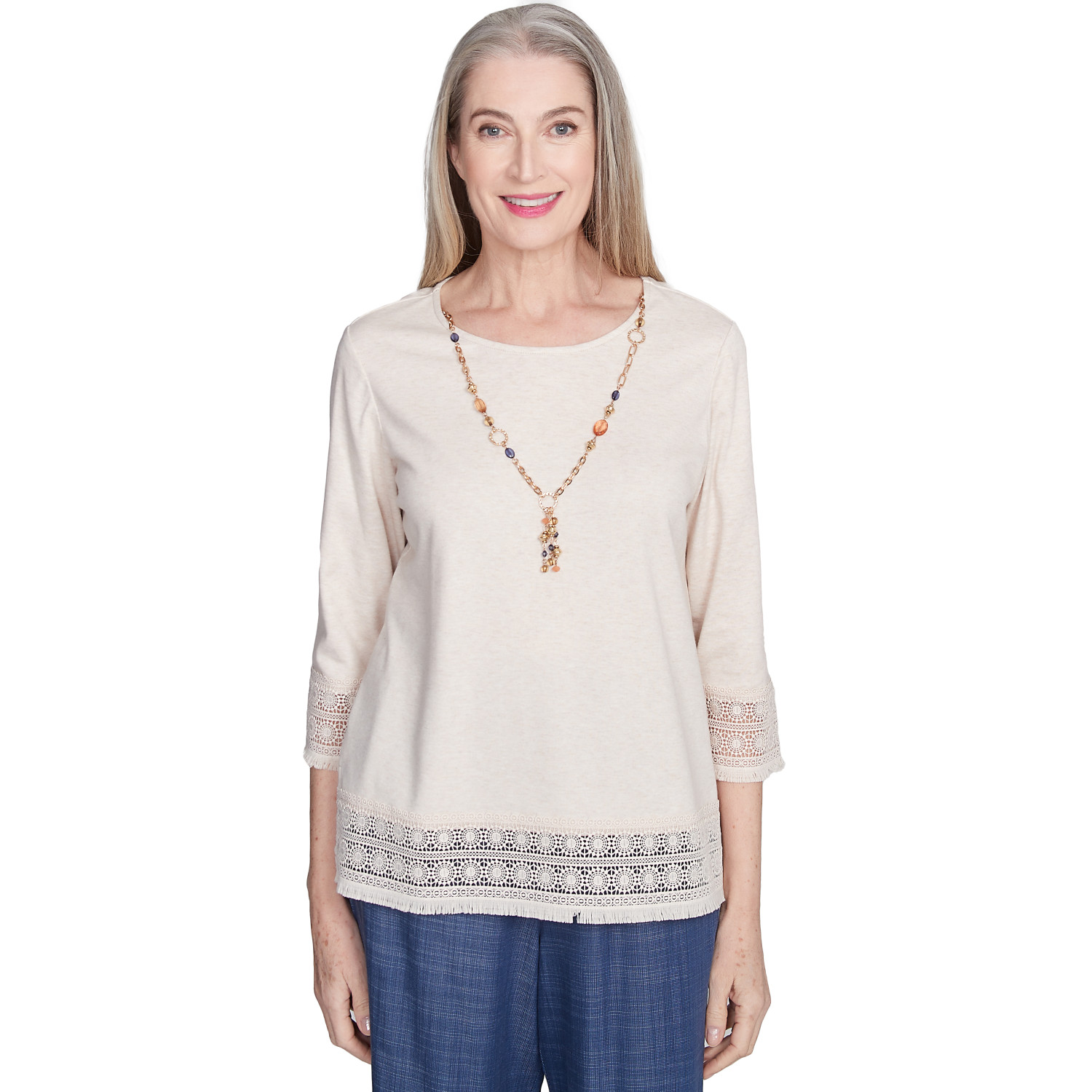 Women's Lace Trimmed Knit Top With Necklace