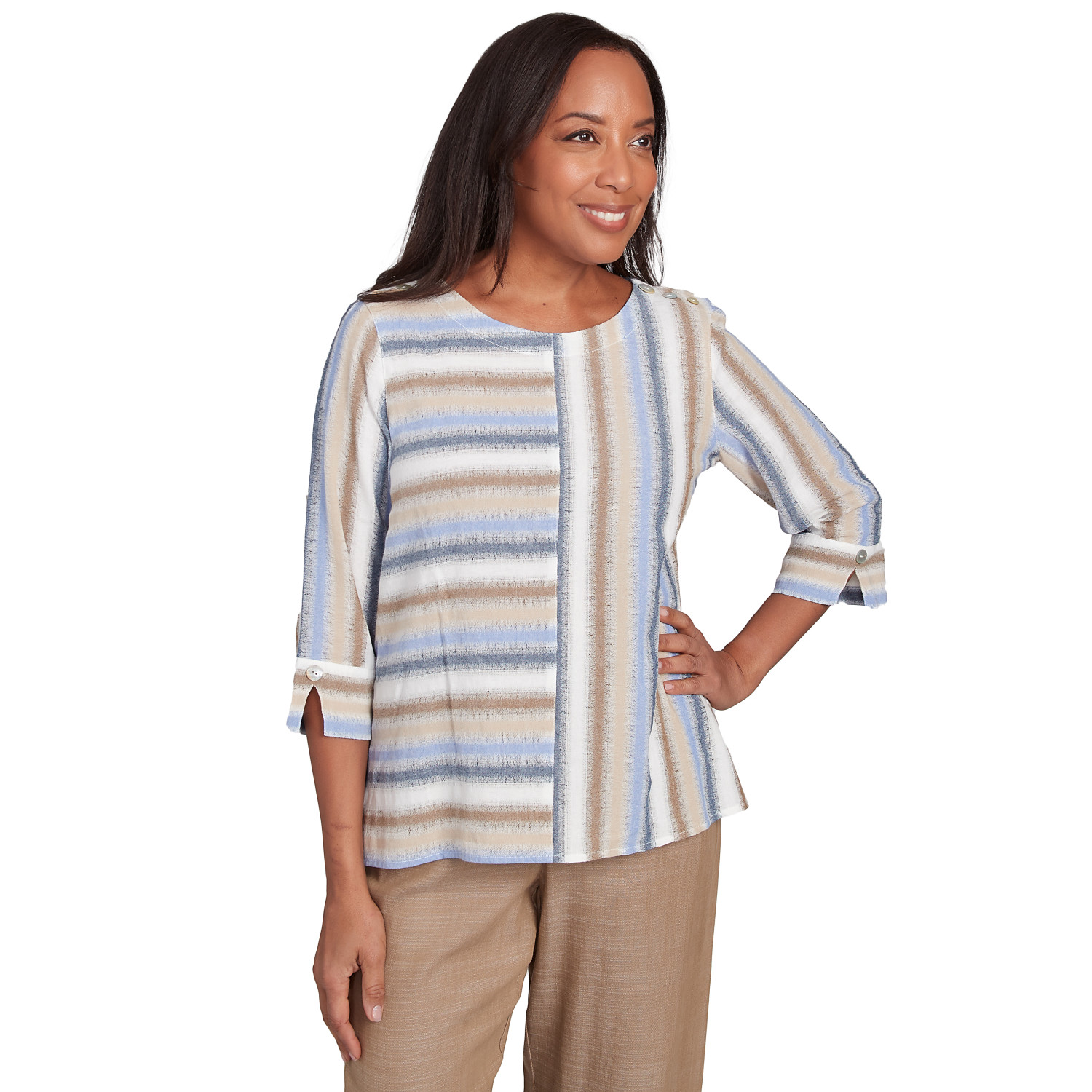 Women's Spliced Stripe Button Shoulder Top