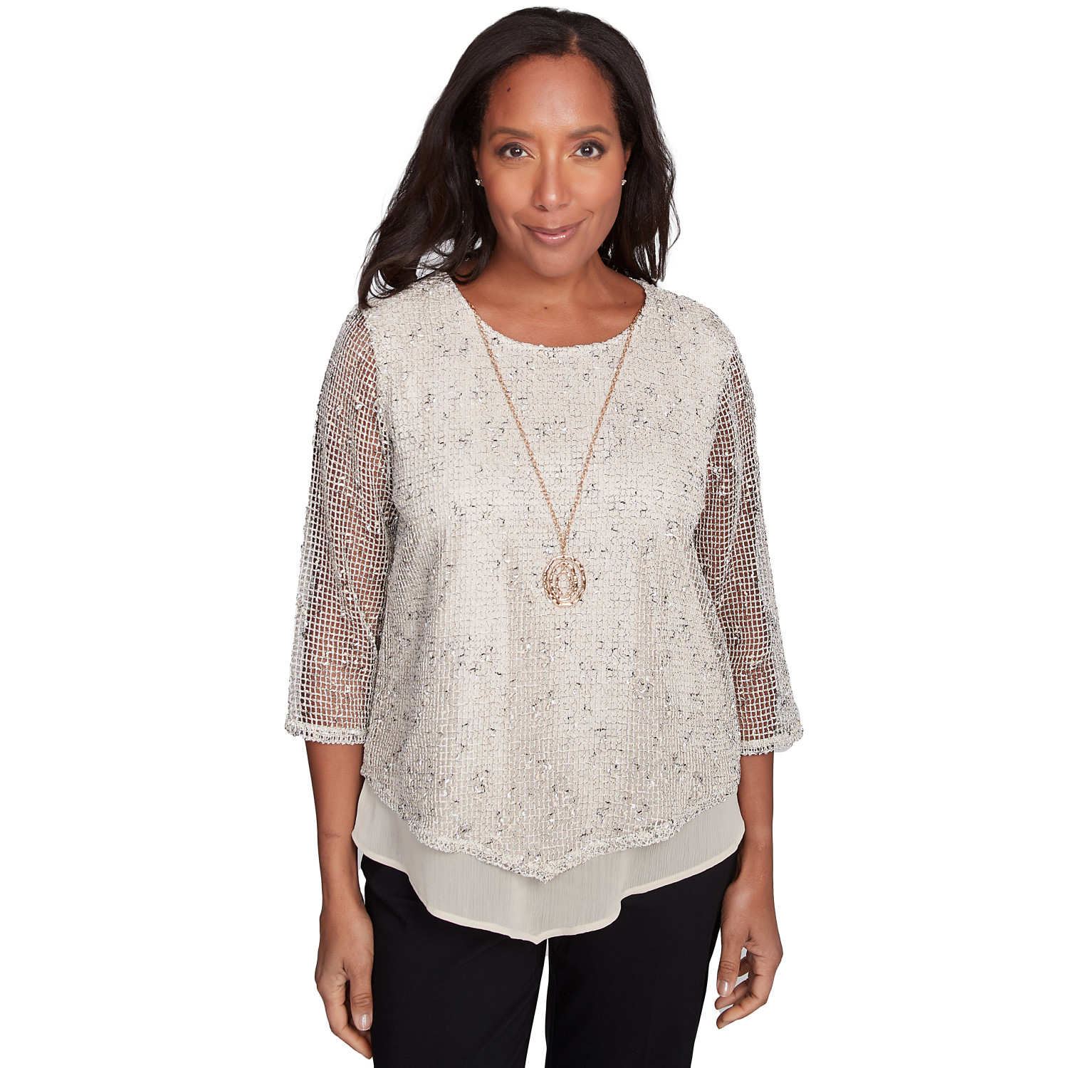 Women's Popcorn Mesh Speckled Top With Necklace