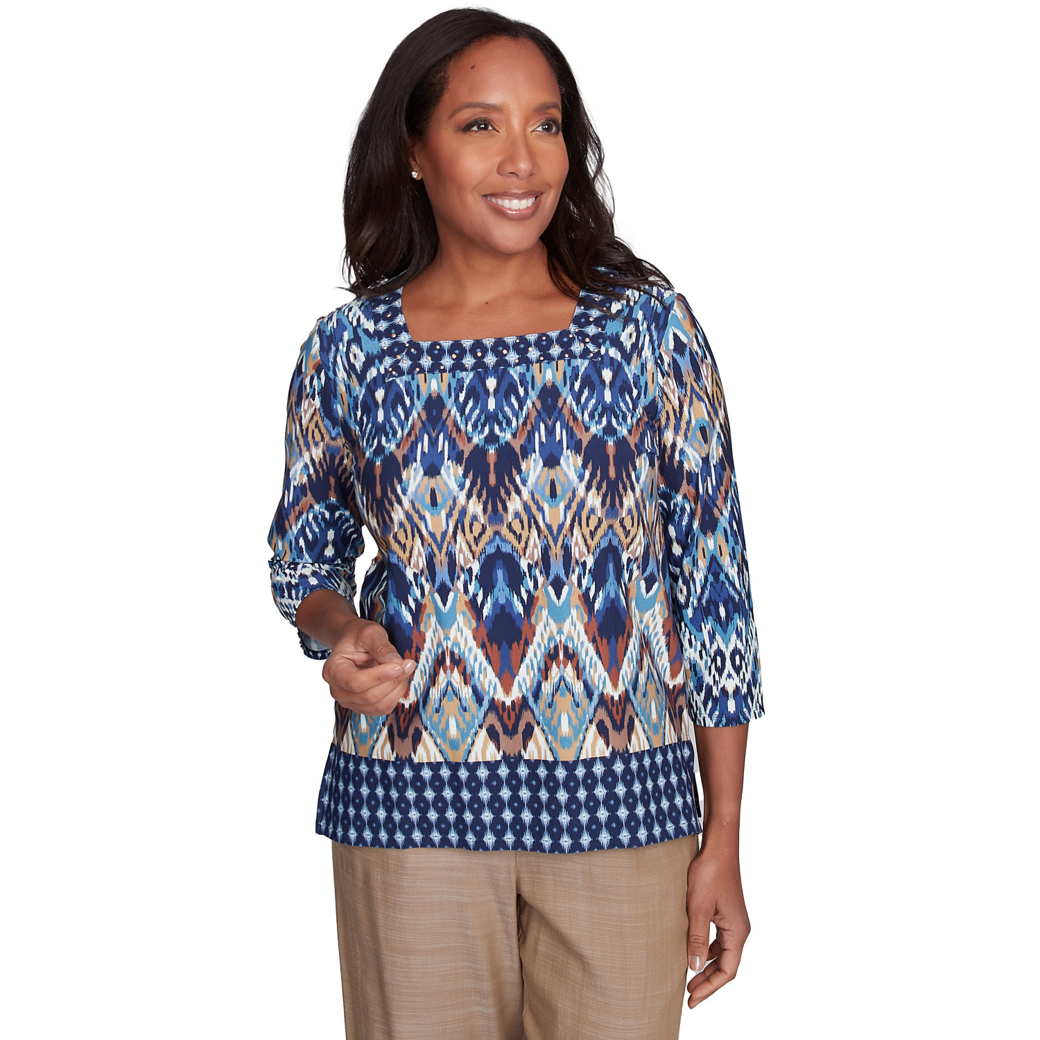 Women's Ikat Diamond Border Square Neck Top