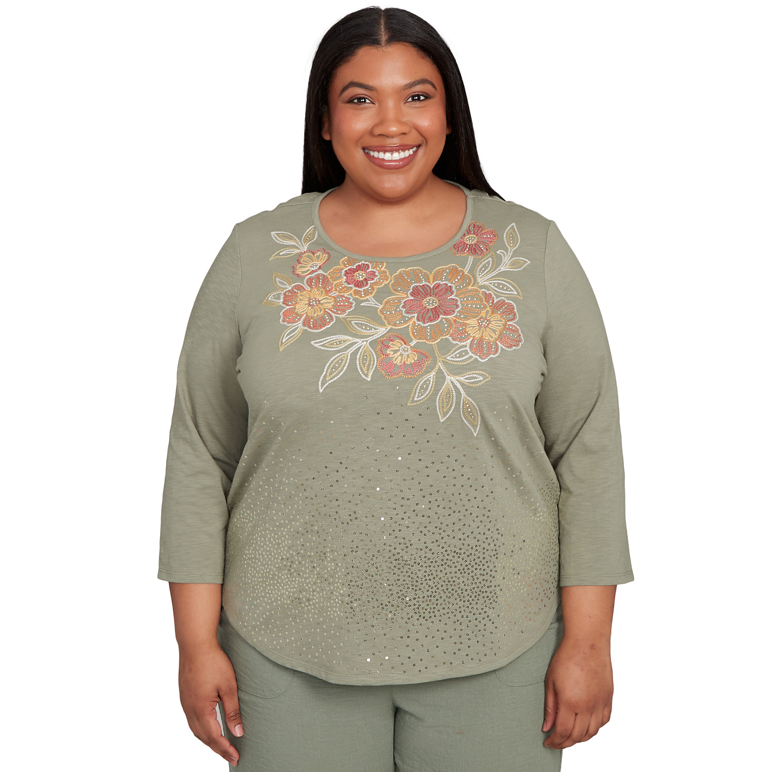 Plus Women's Scattered Sequin Floral Neck Top