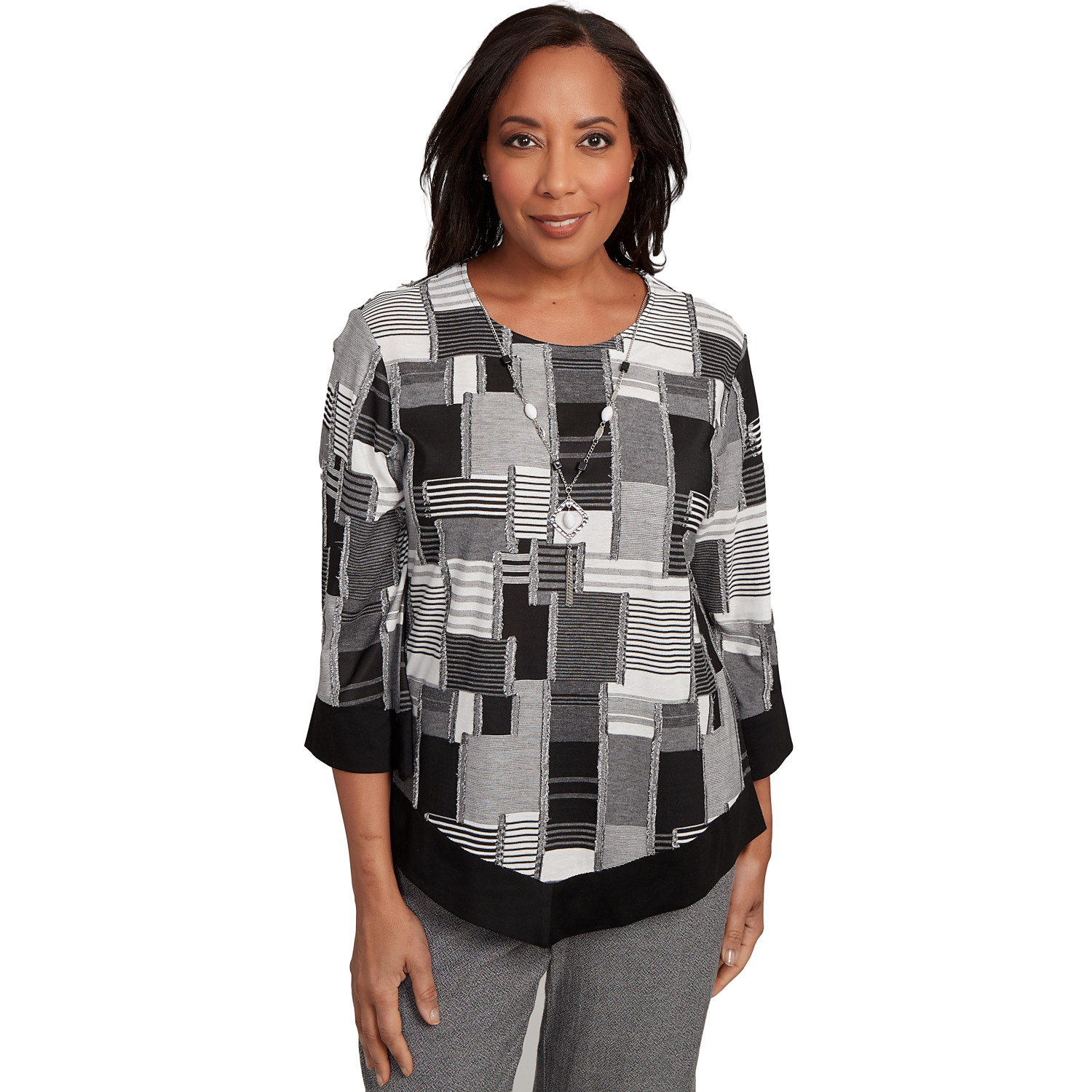 Petite Women's Patchwork Solid Black Trim Top