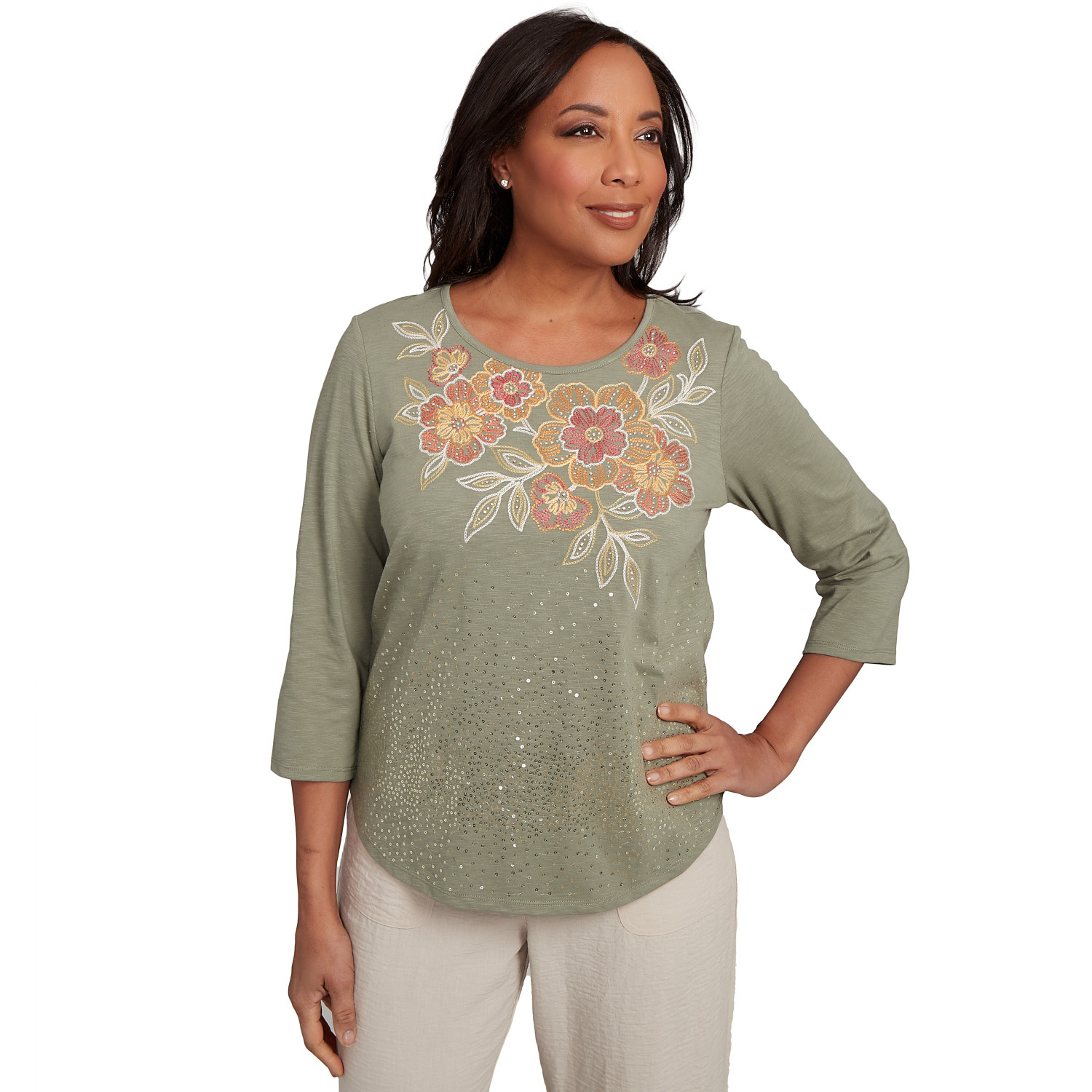 Petite Women's Scattered Sequin Floral Neck Top