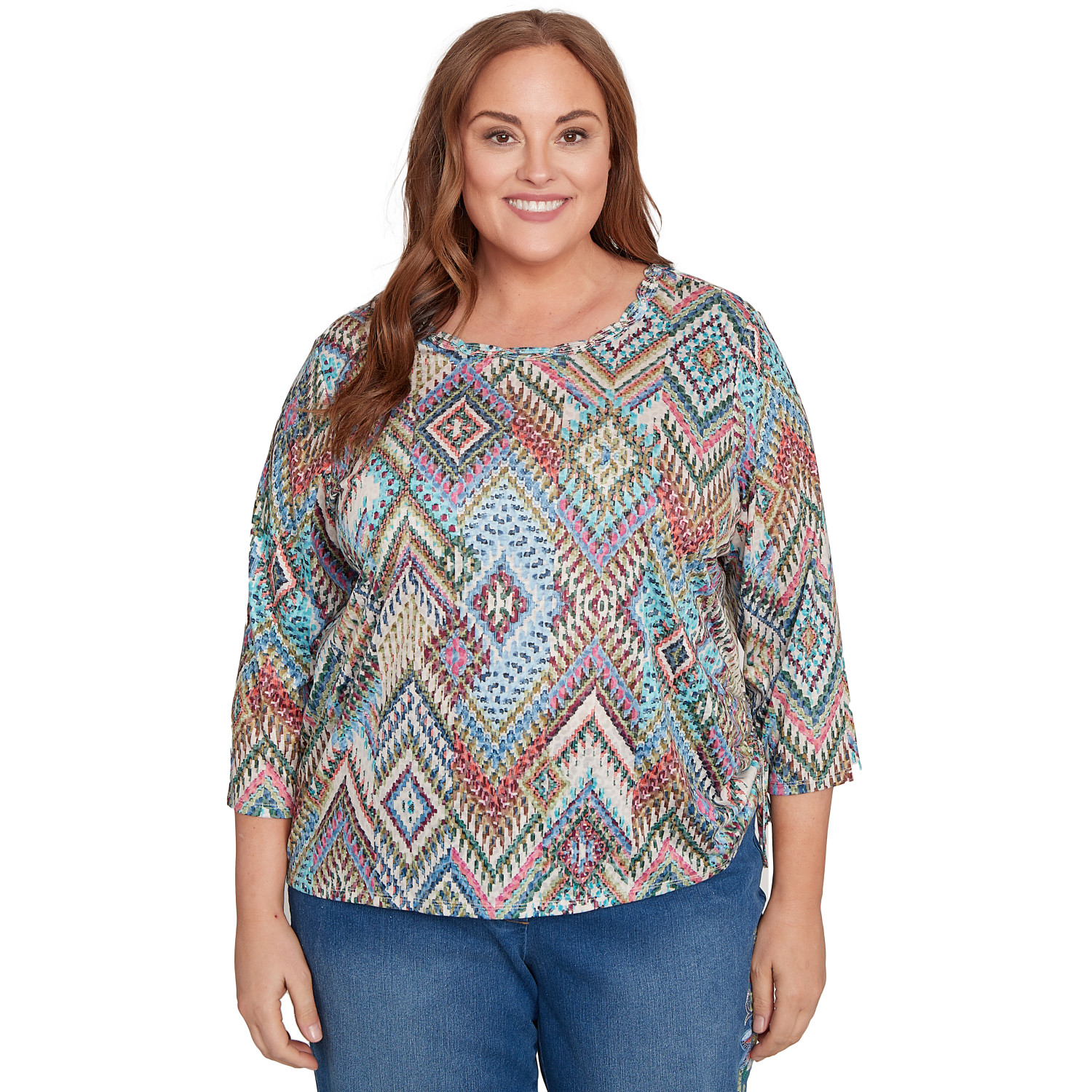 Plus Women's Ikat Diamond Detailed Neckline Top