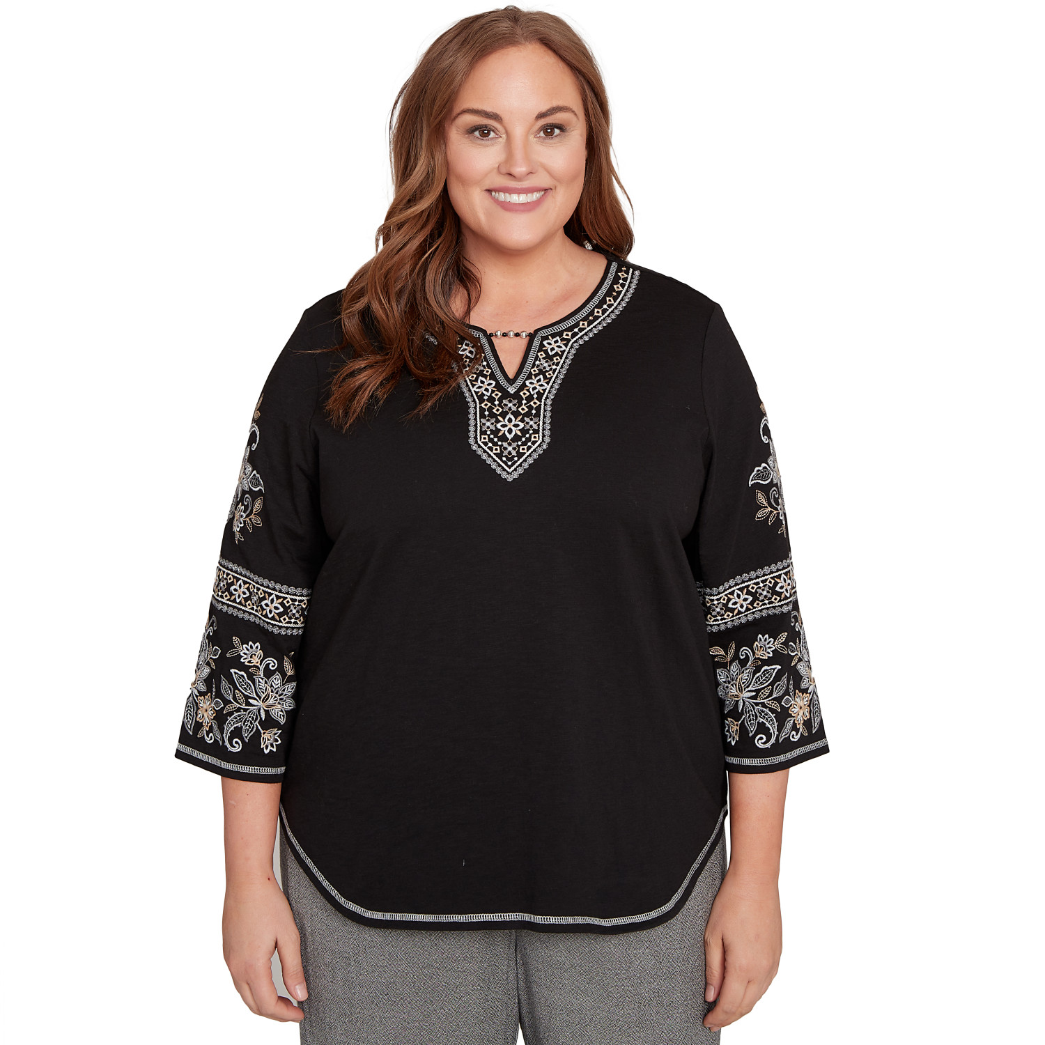 Plus Women's Beaded Neck Embroidered Sleeve Top