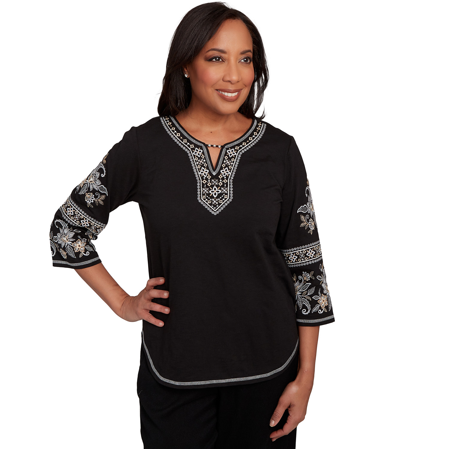 Women's Beaded Neck Embroidered Sleeve Top